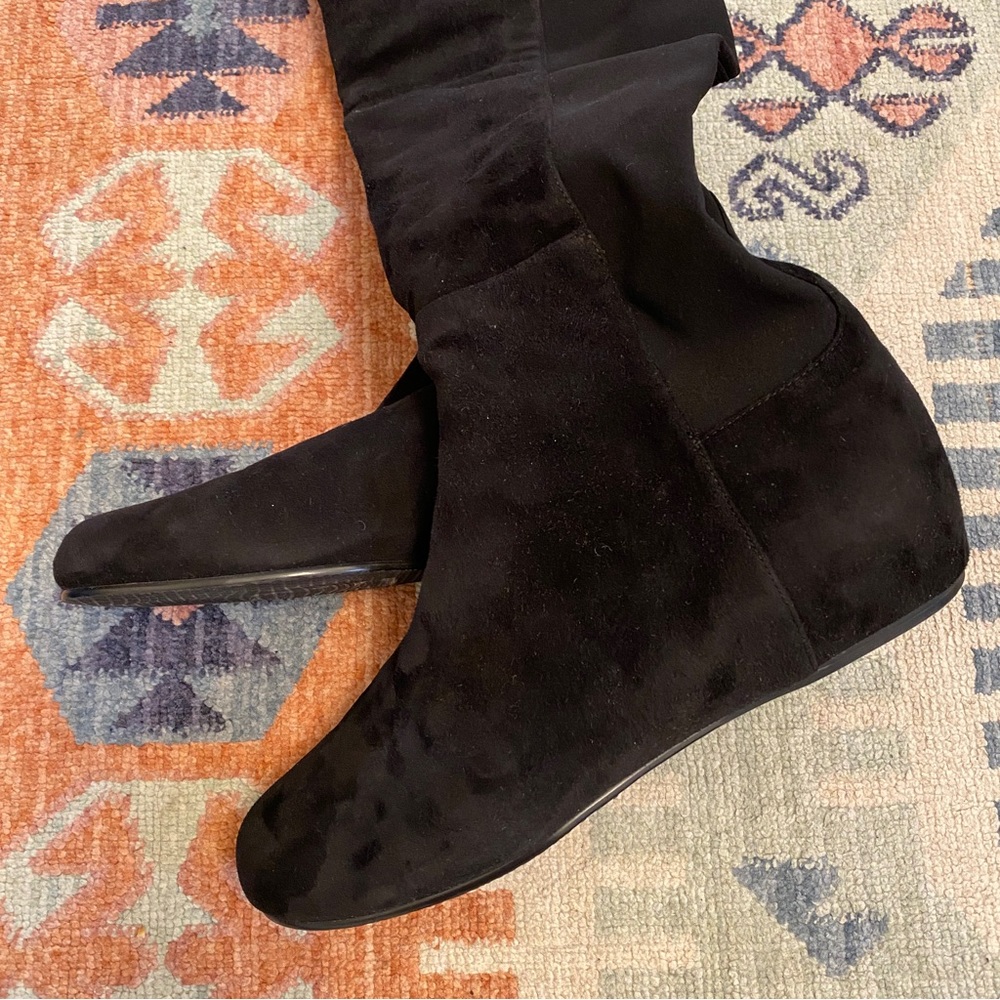 Stuart Weitzman Lander 50/50 Over the Knee Boot - Sz 9- Black Suede Wedge Heel